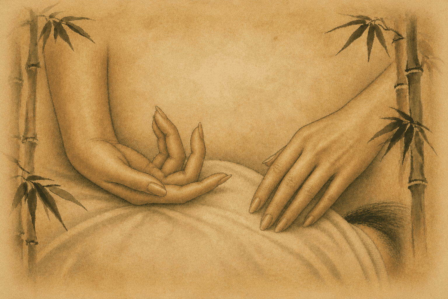 Two hands at rest on a body, bamboo on either side