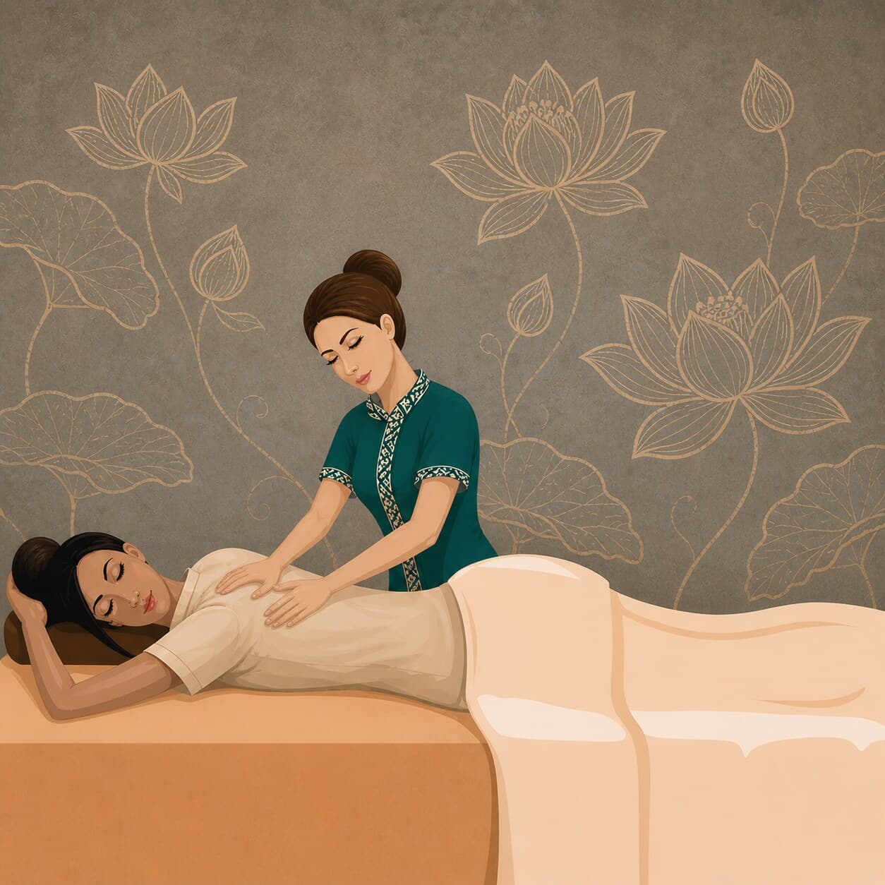 A therapist working on a client lying on a massage table, lotus motif behind them